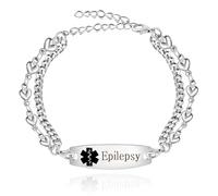 Vivaday Pulsera médica personalizada, brazaletes ID para epilepsia grabados, joyería hospitalaria de acero inoxidable con doble cadena e icono negro, cadena ajustable de 7,5" + 2" YA3989