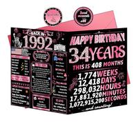 VivaGem Tarjetas de cumpleaños número 34 para mujer, regalos de feliz cumpleaños para ella, divertidas decoraciones de fiesta para hija, tarjeta de cumpleaños de 34 años, vuelta en 1992