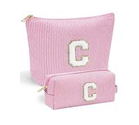 Vivajoy - Paquete de 2 bolsas de maquillaje personalizadas con letra C para mujer, bolsas de maquillaje con inicial de felpilla a rayas rosas, bolsa de cosméticos grande y pequeña bolsa de maquillaje