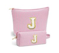 Vivajoy - Paquete de 2 bolsas de maquillaje personalizadas con letra J para mujer, bolsas de maquillaje con inicial de felpilla a rayas rosas, bolsa de cosméticos grande y pequeña bolsa de maquillaje