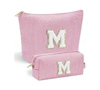 Vivajoy - Paquete de 2 bolsas de maquillaje personalizadas con letra M para mujer, bolsas de maquillaje con inicial de felpilla a rayas rosas, bolsa de cosméticos grande y pequeña bolsa de maquillaje