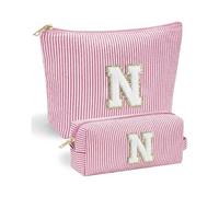 Vivajoy - Paquete de 2 bolsas de maquillaje personalizadas con letra N para mujer, bolsas de maquillaje con inicial de felpilla a rayas rosas, bolsa de cosméticos grande y pequeña bolsa de maquillaje