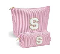 Vivajoy - Paquete de 2 bolsas de maquillaje personalizadas con letra S para mujer, bolsas de maquillaje con inicial de felpilla a rayas rosas, bolsa de cosméticos grande y pequeña bolsa de maquillaje