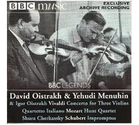 Vivaldi: Triple Violin Concerto (Kirill Kondrashin , Moscow Philharmonic Orchestra, David Oistrakh , Yehudi Menuhin); Mozart: String Quartet k 458 'hunt' (Quartetto Italiano); Schubert: Impromptus (Shura Cherkassky)