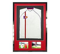 Vivarti DIY Junior 3D Montado + Marco de exhibición de camisa deportiva de doble apertura para camisa de fútbol, tamaño, 59,4 x 84 cm, marco negro brillante, soporte rojo, tarjeta trasera negra
