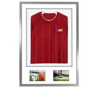 Vivarti DIY - Marco de exhibición deportivo para adultos, montaje en 3D + doble apertura para fútbol, rugby, caja de sombra de camiseta de banda, 61 x 91,5 cm, marco plateado, soporte blanco, tarjeta