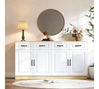 VIVCA Aparador blanco con 4 cajones, 4 puertas, 2 estantes, diseño estriado, 8 tiradores de metal, gran espacio de almacenamiento superior para salón, dormitorio, cocina, ancho 160 cm