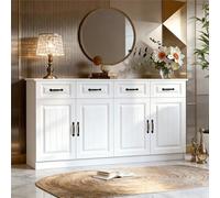 VIVCA Aparador blanco de MDF, 4 cajones, 4 puertas, 2 estantes, diseño estriado, 8 tiradores de metal, gran espacio de almacenamiento superior para salón, dormitorio, cocina, ancho 160 cm