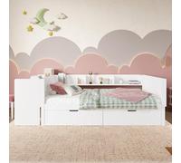 VIVCA Cama de madera 90x200cm cama plana con escritorio equipado con 2 cajones Cama individual (sin colchón) con estantes de pino+aglomerado blanco.