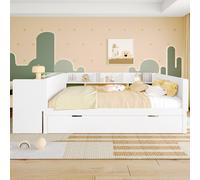 VIVCA Cama de madera de 140 x 200 cm, cama plana con escritorio, cama plegable, cama doble (sin colchón), con estantes, pino+tablero de partículas, color blanco