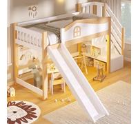 VIVCA Cama de media altura, 90 x 200 cm, barandilla de seguridad, escalera de almacenamiento, tobogán, color blanco