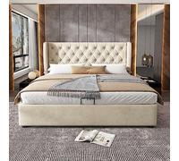 VIVCA Cama doble 140 x 190 cm con cabecero tapizado de terciopelo, cama hidráulica funcional con somier y espacio de almacenamiento, color beige