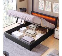 VIVCA Cama LED tapizada de 140 x 190 cm con somier de láminas y espacio de almacenamiento, cabecero iluminado negro, cabecero y piel sintética