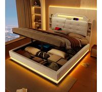 VIVCA Cama tapizada, 140 x 200 cm, con tira de luz LED, espacio de almacenamiento hidráulico, varios estantes, sin colchón, USB + tipo C, lino (beige)