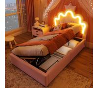 VIVCA Cama tapizada, 90 x 200 cm, color rosa, sin colchón, tira de luz LED con mecanismo de elevación hidráulica, cama de princesa en forma de corona, cabecero ajustable de poliuretano