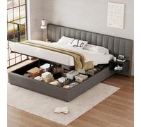 VIVCA Cama tapizada con orejas anchas, 180 x 200 cm, gris y negro, cama con somier hidráulico con 2 mesitas de noche, somier de listones de madera y espacio de almacenamiento, fácil montaje de lino