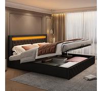 VIVCA Cama tapizada de 140 x 190 cm, totalmente funcional con somier de láminas, almacenamiento hidráulico, iluminación LED, color negro, material PU.