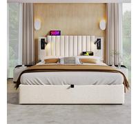 VIVCA Cama tapizada de 140 x 200, cama doble, espacio de almacenamiento, luz de lectura con función de carga USB, cabecero, respaldo con diseño de remaches, cama con somier y cajón, algodón, beige