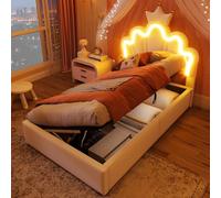 VIVCA Cama tapizada de 90 x 200 cm, sin colchón, tira de luz LED, con mecanismo de elevación hidráulica, cama de princesa en forma de corona, cabecero ajustable, PU, blanco