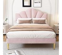 VIVCA Edredón de terciopelo de 140 x 190 cm, doble concha con patas de metal doradas, cabecero ajustable, somier de láminas de madera, color rosa