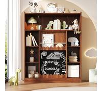 VIVCA Estantería para libros de 120 x 38,5 x 151,5 cm con pizarra, puertas correderas y bandeja para libros de imágenes, 9 estantes abiertos con gran espacio de almacenamiento, color nogal