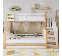 VIVCA Litera con protección contra caídas y rejilla, tres posiciones de cama, con cama abatible, diseño de paneles de puerta, escalera esquinera, madera de pino+MDF, blanco y natural, 90 x 200 x 200