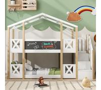 VIVCA Litera de 90 x 200 cm, cama infantil con espacio de almacenamiento y protección anticaídas, cama alta para niños, 2 somieres, color natural y blanco