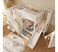 VIVCA Litera infantil de 90 × 200 cm con tobogán, armario de escalera, cajones grandes y estante abierto, color blanco, somier de láminas, seguridad EN747-1:2024, ideal para familias con varios niños