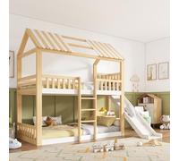 VIVCA Litera infantil de 90 x 200 cm con techo a dos aguas, cama alta con estante y tobogán de 35 cm, ascenso seguro, ideal para familias con dos niños, color natural, blanco, sin colchón, EN 747