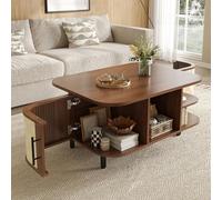 VIVCA Mesa de centro, forma curvada, superficie trenzada, cuerpo de MDF, asas metálicas, patas de metal, espacio de almacenamiento, mesa auxiliar, mesa de salón, nogal