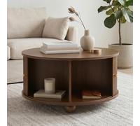 VIVCA Mesa de centro, mesa de café redonda, estructura en relieve vertical, dos puertas correderas, cuerpo de MDF, asas de metal, patas de metal esféricas, cuatro compartimentos separados, mesa de