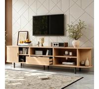 VIVCA Mueble de televisión moderno, 175 x 40 x 55 cm, armario de TV con diseño redondo y puerta de estor, de MDF, soporta hasta 50 kg, con cajón y compartimentos abiertos para salón, color madera