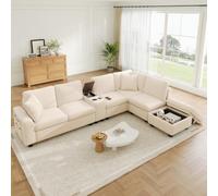 VIVCA Sofá esquinero modular en forma de U/L, 6 plazas, otomana de almacenamiento, consola central móvil con 2 soportes para bebidas, compartimentos ocultos, bolsillos para reposabrazos, tela de pana
