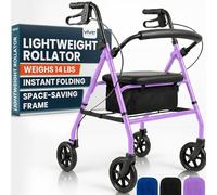 Vive - Andador con ruedas ultraligero con asiento, plegable, estrecho, rodante para espacios pequeños, 4 ruedas de aluminio para adultos, fácil manejo con accesorio debajo del asiento, pesa solo 14