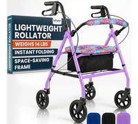 Vive - Andador con ruedas ultraligero con asiento, plegable, estrecho, rodante para espacios pequeños, 4 ruedas de aluminio para adultos, fácil manejo con accesorio debajo del asiento, pesa solo 14