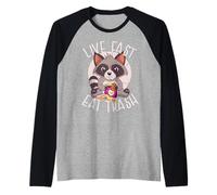 Vive RÁPIDO Comer Basura Divertido Mapache Comiendo Comida Chatarra Meme Camiseta Manga Raglan