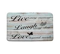 Vive, Ríe, Ama, Tablero Rústico De Madera Verde Azulado con Mariposas Y Citas Inspiradoras Felpudos Entrada Resistente Felpudos Lavable Felpudo De Entrada para Puerta Pasillo Interior 40X60Cm