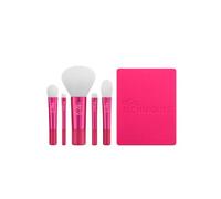 Real Techniques Vivid Escape Glow-To-Go - Juego de 6 brochas de maquillaje de viaje para sombra de ojos, corrector, contorno y colorete, incluye estuche de espejo para cosméticos, libre de crueldad