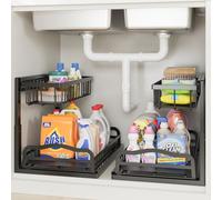 ViviDreamore 2 Metal Organizadores Debajo del Fregadero, 2 Niveles Deslizante Almacenamiento de Cocina, Estante Organizador Debajo del Gabinete para Baño con Cesta Deslizante, Altura Ajustable, Negro