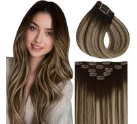 Vivien Extensiones Clip Cabello Humano Marrón Balayage Extensiones de Clip de Pelo Natural Marrón Oscuro Ombre Rubio Ceniza Invisible Liso 30 cm 80g 5pcs #4/27/4