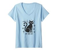 Viviendo el Gato papá Vida: Pata del Padre felino Camiseta Cuello V, Mujer, Azul Bebé, XL