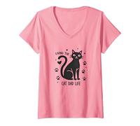 Viviendo el Gato papá Vida: Pata del Padre felino Camiseta Cuello V, Mujer, Rosado, XL