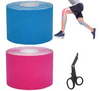 VIVIIHOO 2 Rollos de Cinta Kinesiológica 5cm x 5m - Impermeable y Elástica - Cinta Kinesio y Fisio para el Dolor de Rodillas, Codos y Hombros - Azul + Rosa con Tijeras Gratis