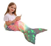 Viviland Manta de cola de sirena para niños, cobijas de cola de sirena que brillan en la oscuridad, manta de franela de sirena, regalos para niñas, unicornio luminoso, súper suave, teñido anudado