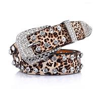 Vivilly Cinturón de diamantes de imitación de leopardo para mujer Western Cowgirl Bling Crystal Studded Cinturón de cuero para pantalones vaqueros, Leopard, 125 cm