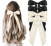 vivinin 4 lazos de satén sedoso sólido para mujer, clip de cinta para el cabello con cola larga, cinta para el cabello para uso diario, accesorios para el cabello beige y negro, lazo para el cabello