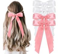 vivinin 4 lazos de satén sedoso sólido para mujer, clip de cinta para el cabello con cola larga, cinta para el cabello para uso diario, accesorios para el cabello blanco y rosa, lazo para el cabello
