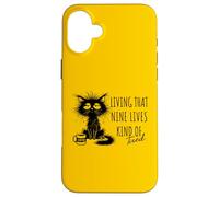 Vivir que nueve vidas un tipo de gato cansado amante del café Carcasa para iPhone 16 Plus