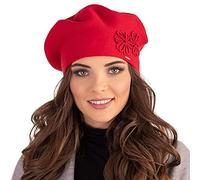 Vivisence Boina De Otoño Invierno para Mujer Elegante con Motivo Floral Hecho De Lana Y Tejido Elástico Ideal Uso Diario Y Actividades Al Aire Libre 7007, Rojo,Talla Única