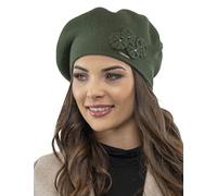 Vivisence Boina De Otoño Invierno para Mujer Elegante para Damas con Forro Cálido Y Detalles Florales Hecho De Lana Acrílica para Días Fríos En Ajuste Estilo Clásico 7006, Verde,Talla Única